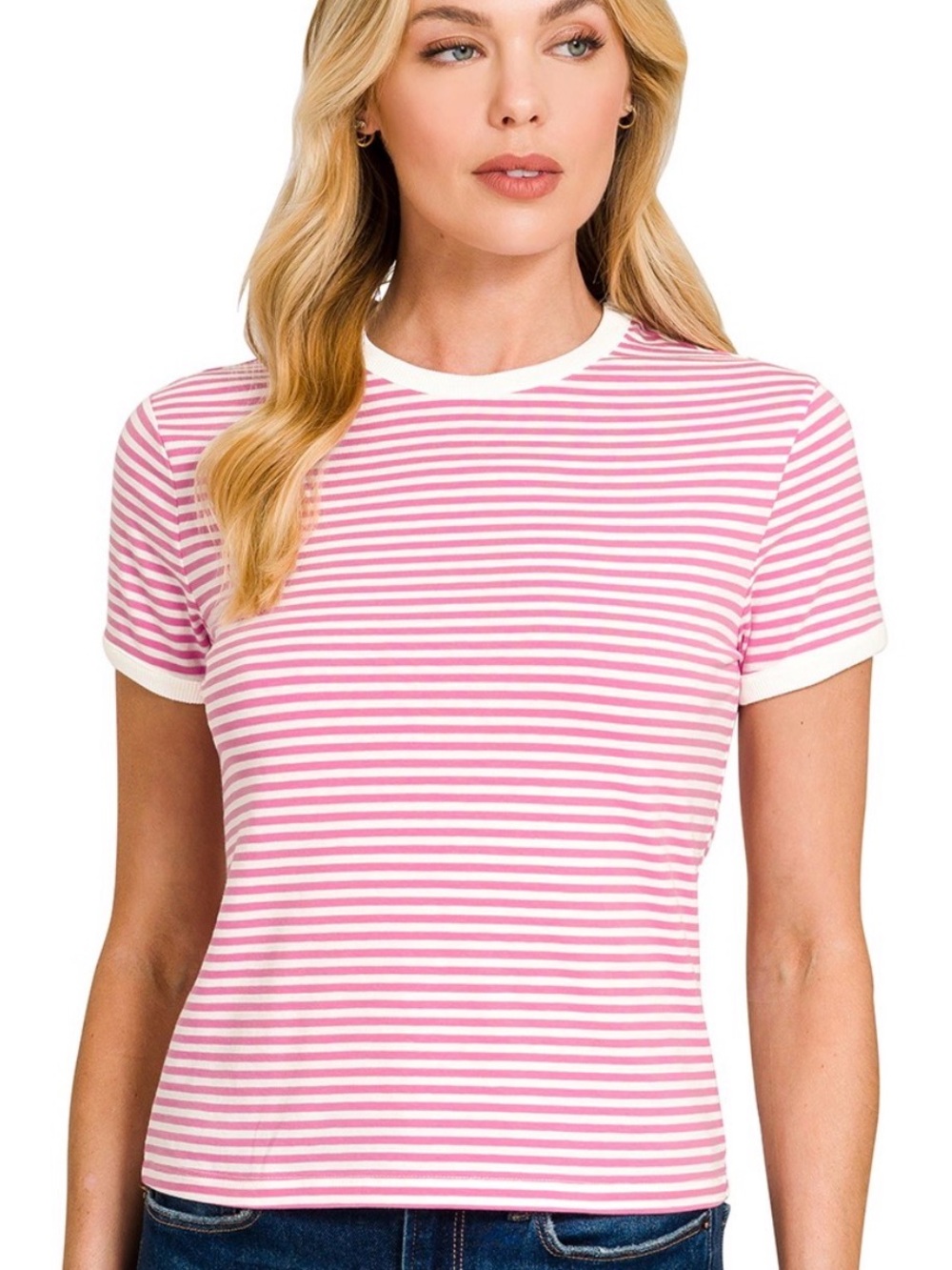 ZENANA Striped Ribbed Crewneck T - Shirt Women’s Candy Pink Sz Small Cotton - Picture 2 of 9